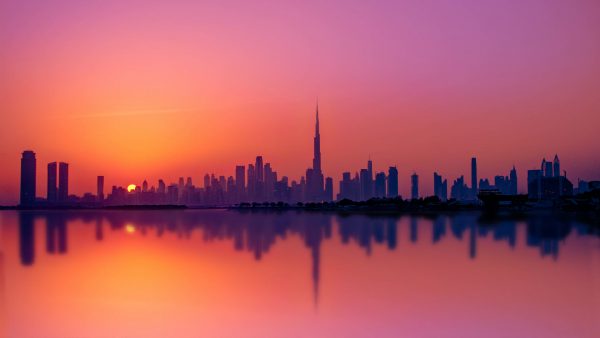 Sonnenaufgang, Dubai Silhouette, Vereinigte Arabische Emirate, Stopover Dubai