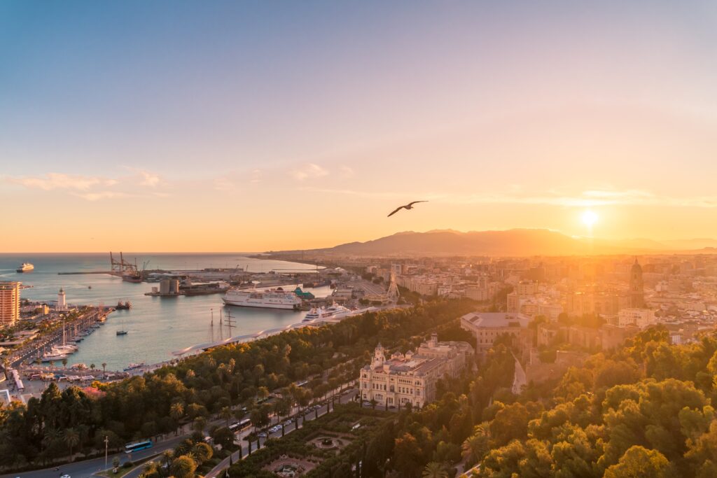 Sonnenuntergang vom Castillo Gibralfaro, Málaga, Spanien