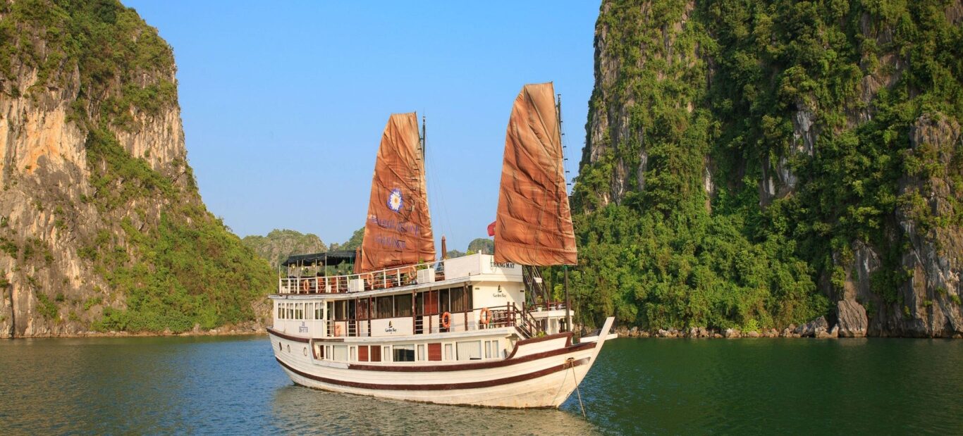 Kreuzfahrt mit der Dschunke durch die Halong Bucht Hintergrundbild